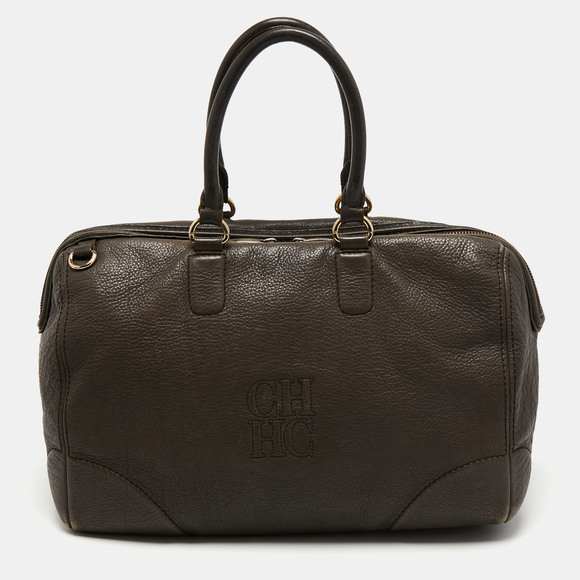 Carolina Herrera Handbags - CH CAROLINA HERRERA Dark Grey Monogram Leather Large Boston Bag